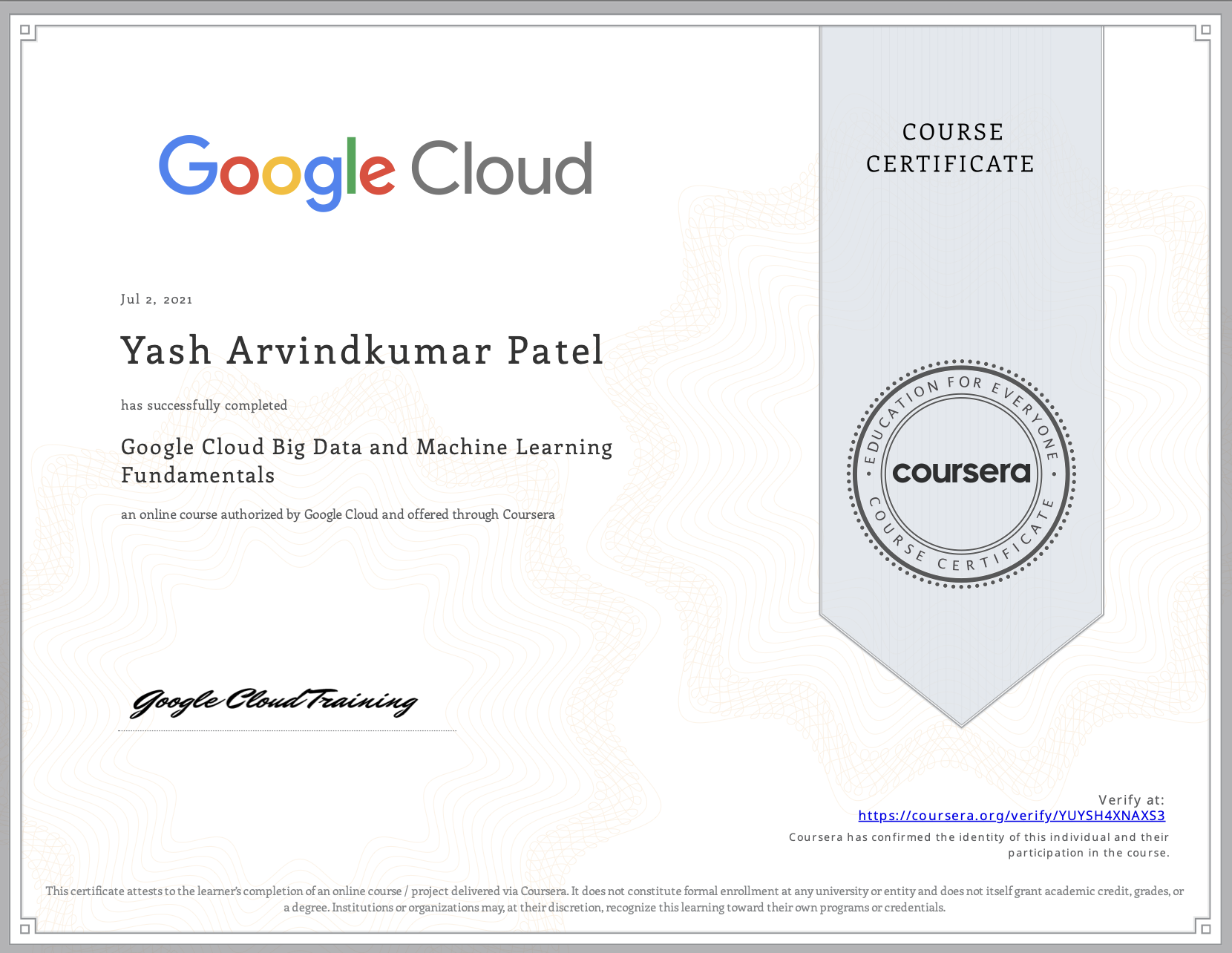 Google Cloud Big Data and Machine Learning Fundamentals certificate